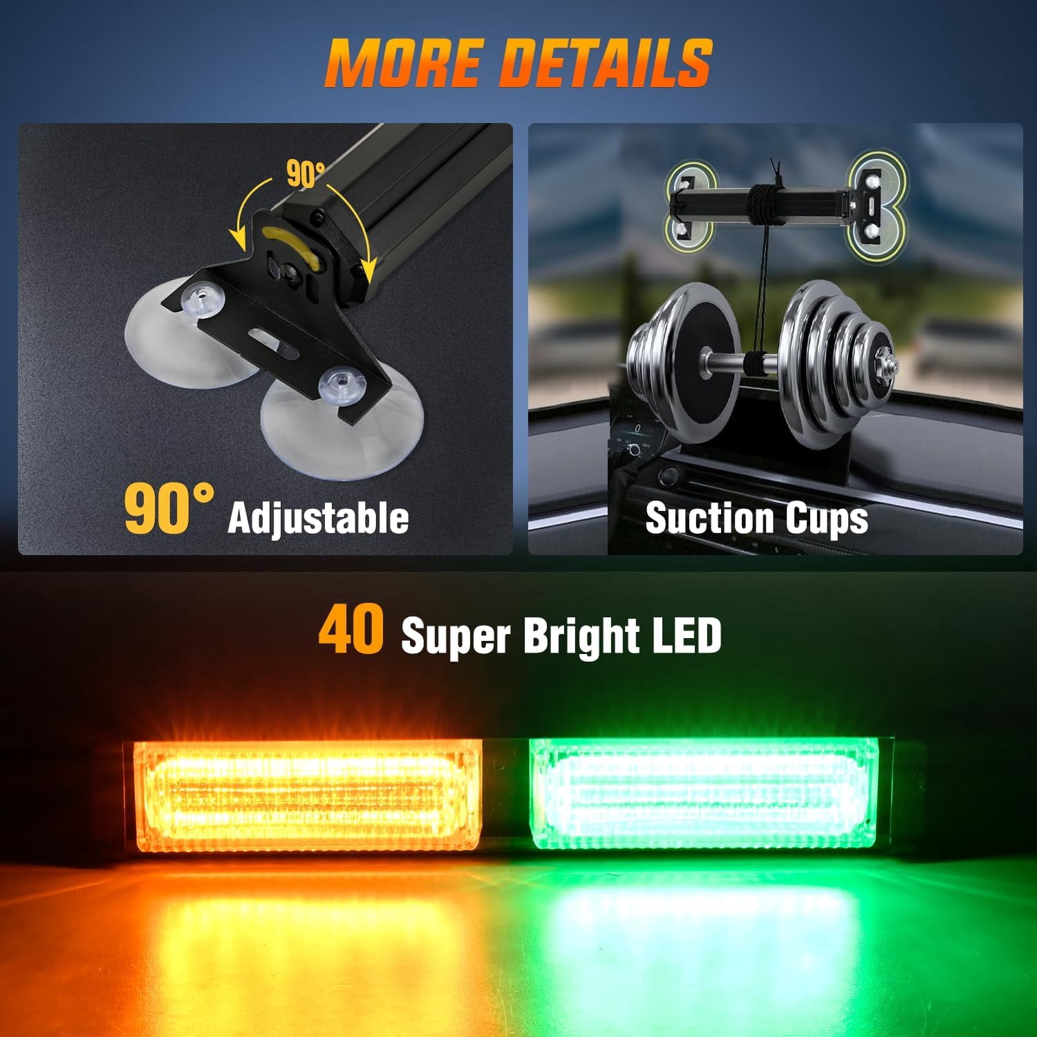 Nilight 40LED Amber Green Emergency Strobe Advisor Light Bar with Suction Cups Dash Safety Warning Hazard Flashing Lights Interior Front/Rear Windshield for Trucks Construction Vehicles