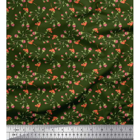 Soimoi Green Cotton Jersey Fabric Leaves & Buds Floral Print Fabric by Yard 58 Inch Wide