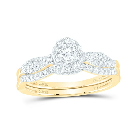 10K Yellow Gold Round Dia. Halo Bridal Wedding Ring Band Set 1/2ctw, Women's Size: 5-10