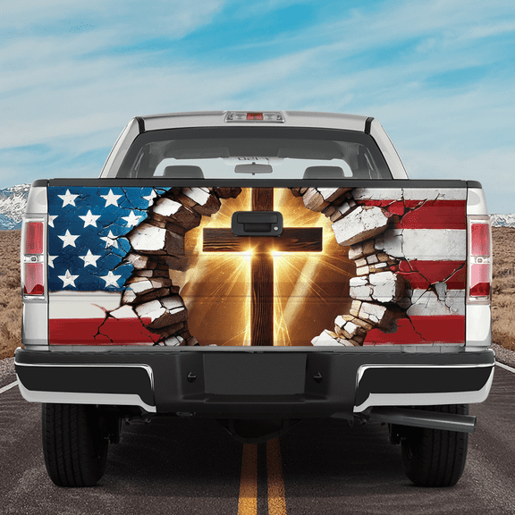 Lotusprinthandmade US Flag Jesus Cross Christian Patriotic Truck Tailgate Wrap 24"x58"