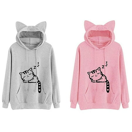Just Hoods - Women Fashion Cartoon Printed Hooded Drawstring Sweatshirt