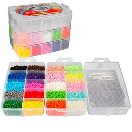 Beading Board - 20,000 Fuse Beads - 20 colors (5 Glow in the Dark), Tweezers, Peg Boards, Ironing Paper, Case - Works with Perler Beads