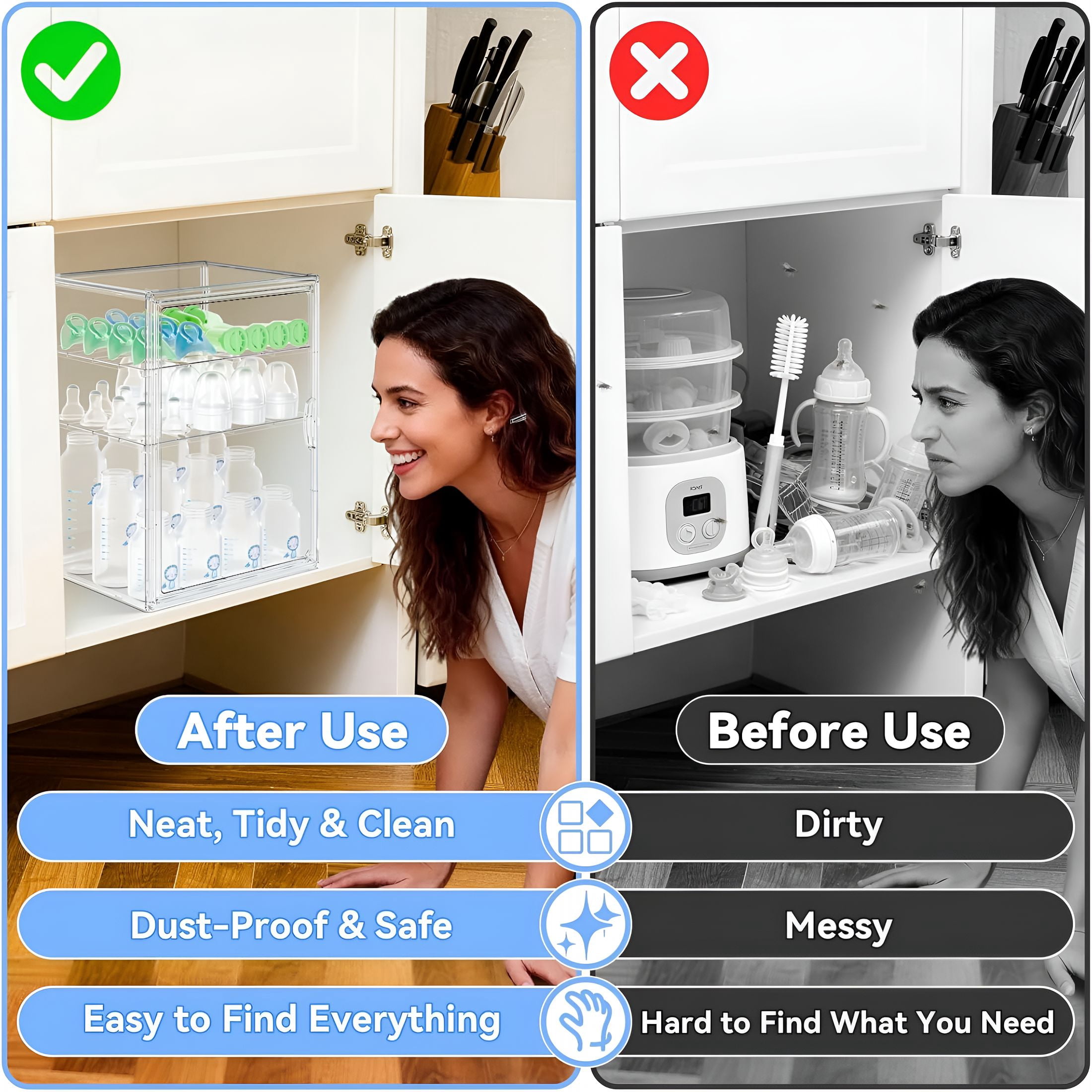 XIBUFE Baby Bottle Storage Organizer for Countertop,Large Clear Bottle Organizer,Baby Bottle Storage Organizer for Bottles,Nipples,Pump Parts&Food Jars,Nursery Cabinet,Kitchen Pantry