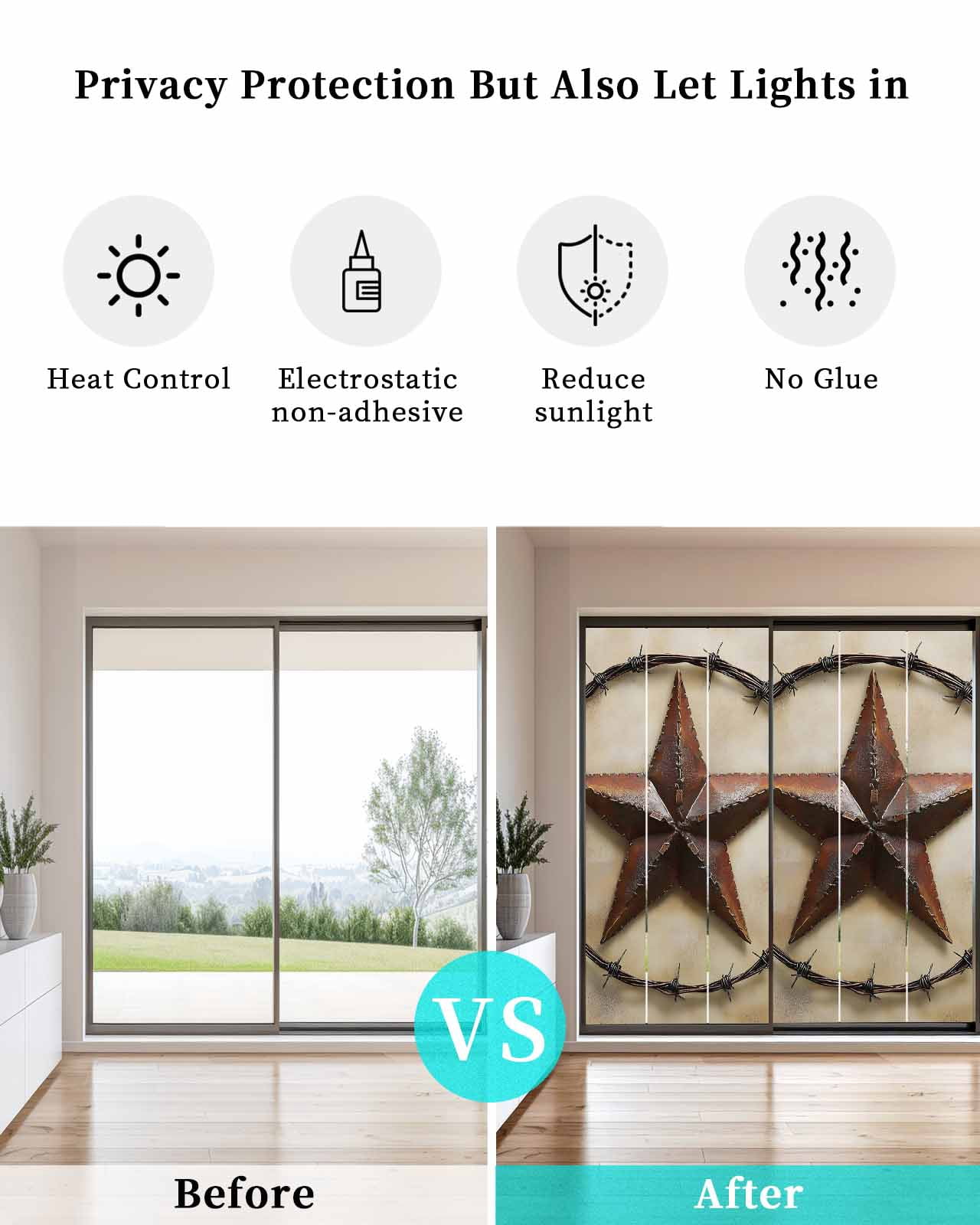 Window Privacy Film Country Star Retro Stained Glass Window Film Decorative Sun Block Window Cover Farmhouse Western Aesthetic Art Window Clings Static Adhesive Sticker for Bathroom 23.6"x59"