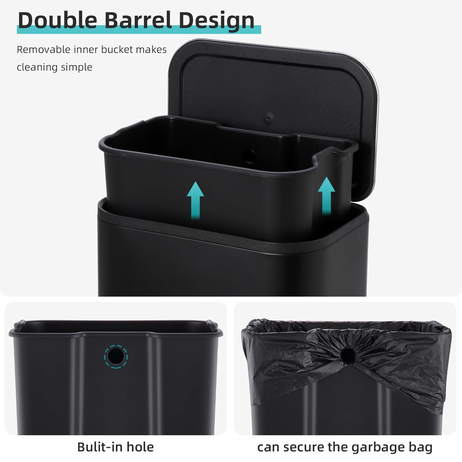 Soonbuy Slim Bathroom Trash Can, 5.3 Gal/20L Stainless Steel Waste Bins, Soft-Close Lid, Step-on Garbage Bin, Narrow Recycle Bins for Kitchen, Office, Bathroom, Black (with Removable Inner Bucket)