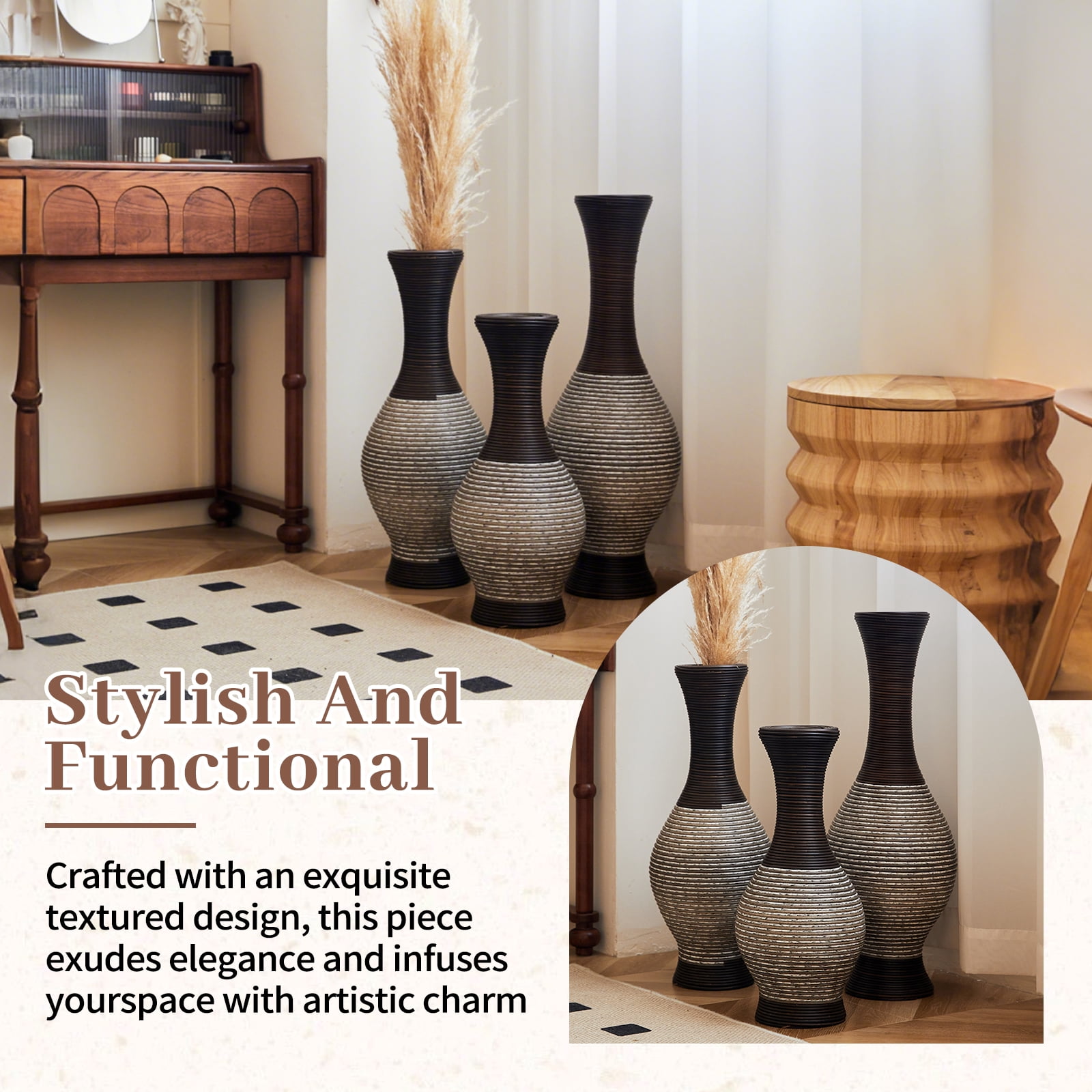 Aukfa Tall Floor Vase Set of 3, Extra Large Metal Decorative Vases for Living Room Dining Room Bedroom,Brown