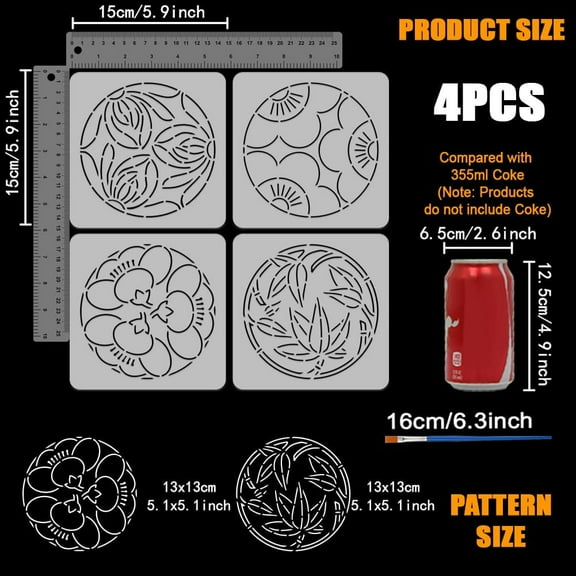 1 set 4 PCS Sashiko Embroidery Painting Stencil with Plastic Paint Brush 5.9x5.9inch Traditional Japanese Bamboo Plum Cherry Blossom & Chrysanthemum Patterns Stencil for Painting on Wood Wall