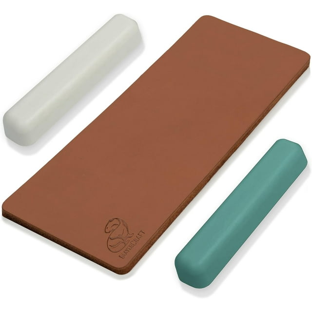 Leather Strop Kit for Knife Sharpening - Knife Strop Block 20x7.5 cm - Stropping Leather Kit LS2P11 with Green-Gray & White Polishing Compound - Knives Sharpener and Buffing Compounds