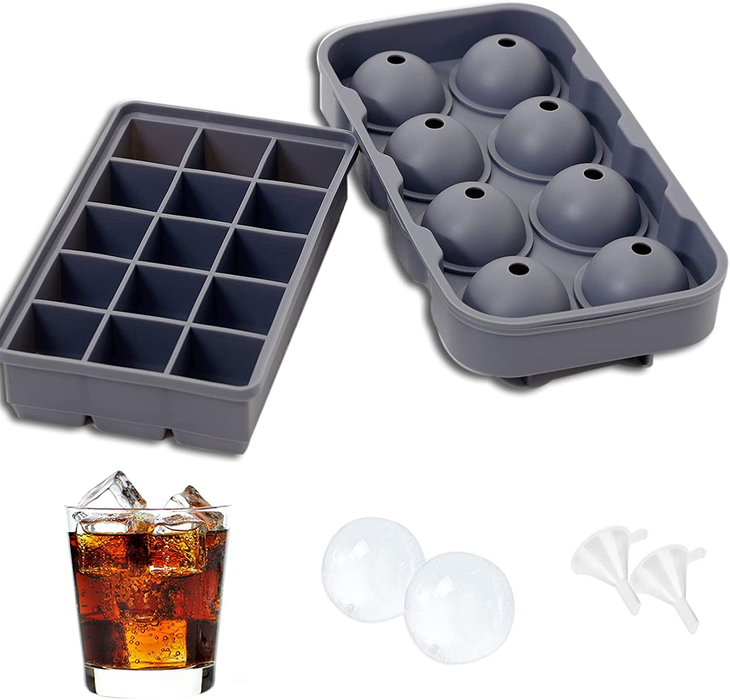 Silicone Sphere Whiskey Ice Ball Maker with Lids & Large Square Ice Cube Molds for Cocktails & Bourbon KOSMOO 6 Cube Reusable & BPA Free Ice Cube Trays