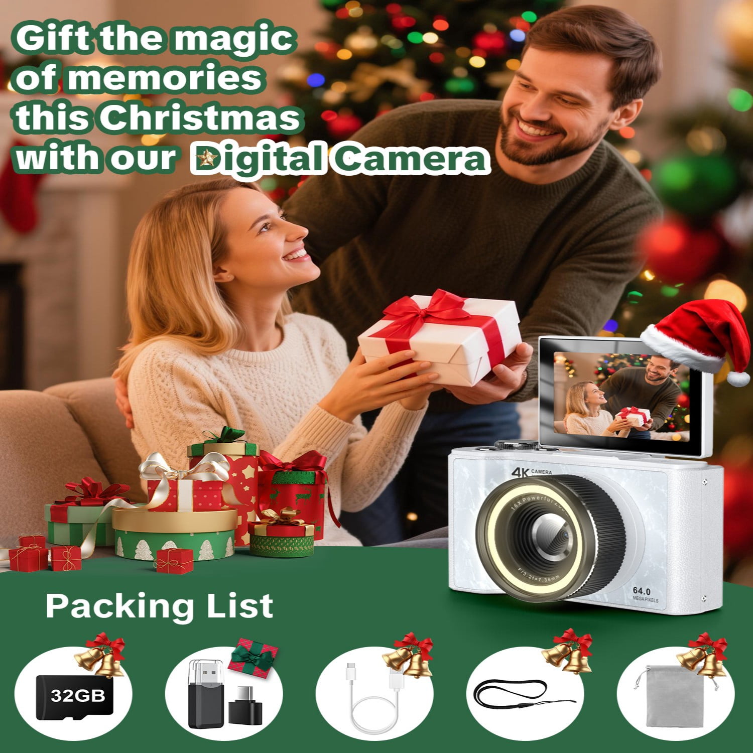 W&O Q5 4K Digital Camera, 180° Flip Screen Point and Shoot Camera with Ring Light, SD Card, White
