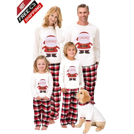 

New Christmas Pajamas for Family Cartoon Santa Long-Sleeve Tops with Plaid Pants Suit for Adult Kid Baby Pet