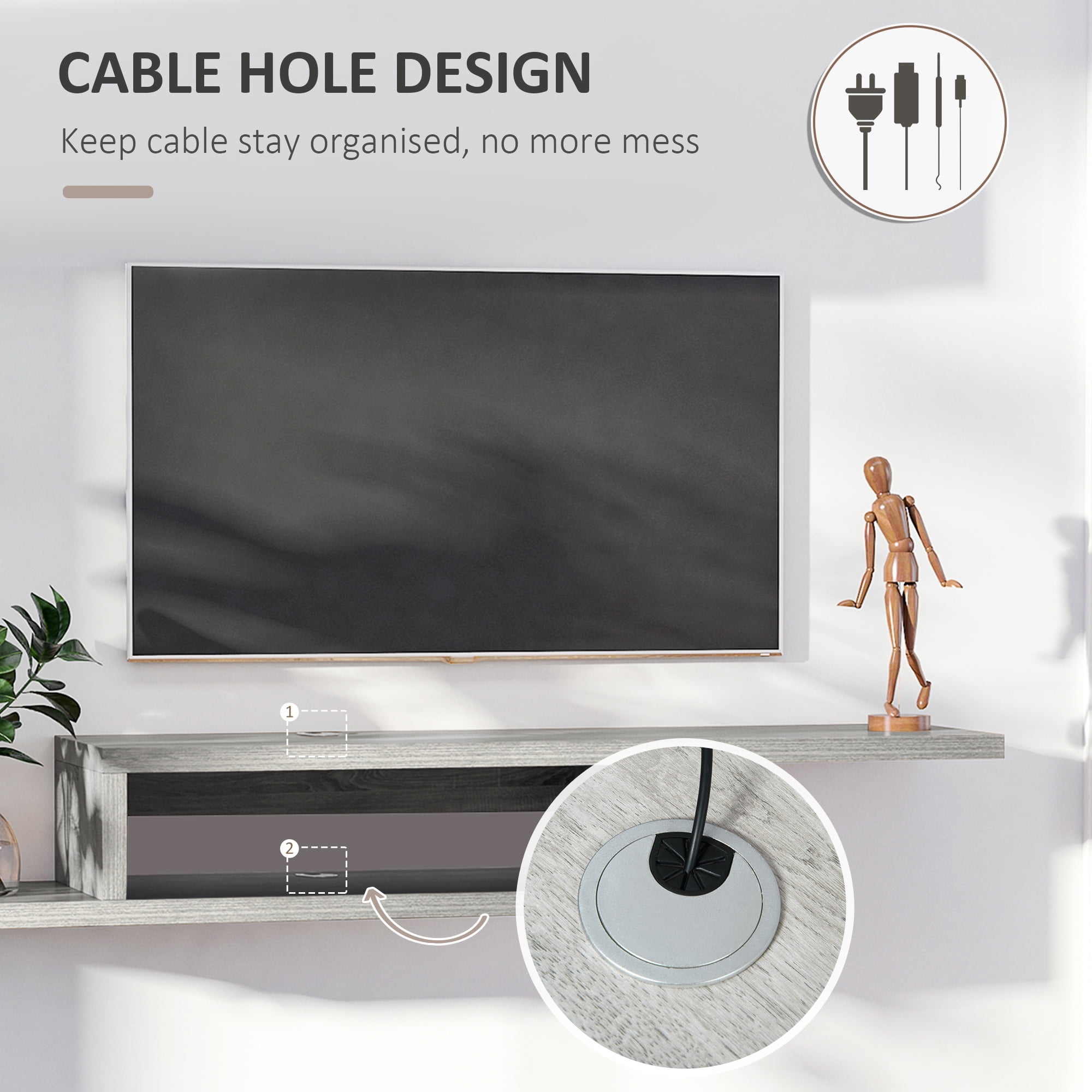 HOMCOM Wall Mounted Media Console, Floating TV Stand Component Shelf, Entertainment Center Unit, Grey