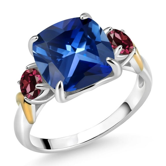 Gem Stone King 925 Silver and 10K Yellow Gold Blue Created Sapphire and Red Rhodolite Garnet 3 Stone Ring for Women (6.06 Cttw, Cushion 10MM, Round 4MM, Size 6)