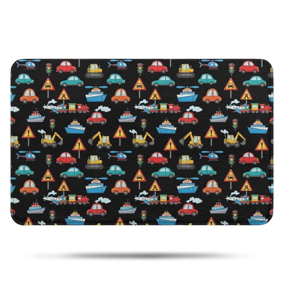 Cartoon Traffic Vehicles Signs Black Pattern Bathroom Rugs Mat,Non Slip Microfiber Bathroom Rug,Rubber Backing,Soft Bathroom Mats for Bathroom Floor,Tub and Shower,17x27in(43x68cm)