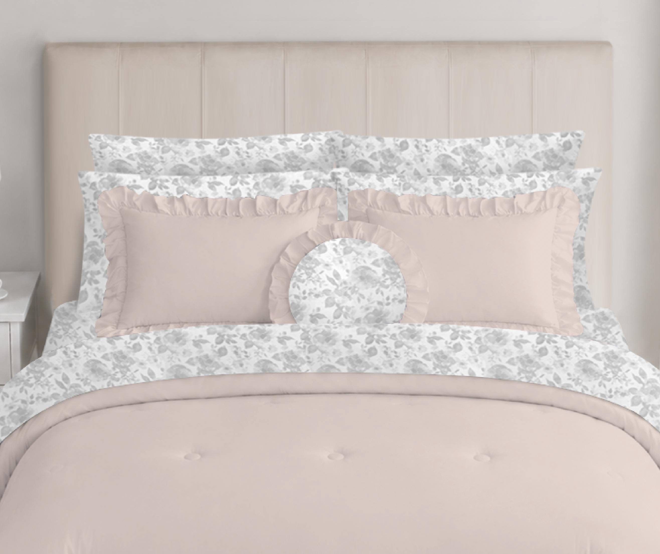 Mainstays All in One Reversible Comforter and Sheet Set- 11 Piece, King, Pink and Grey Ruffle