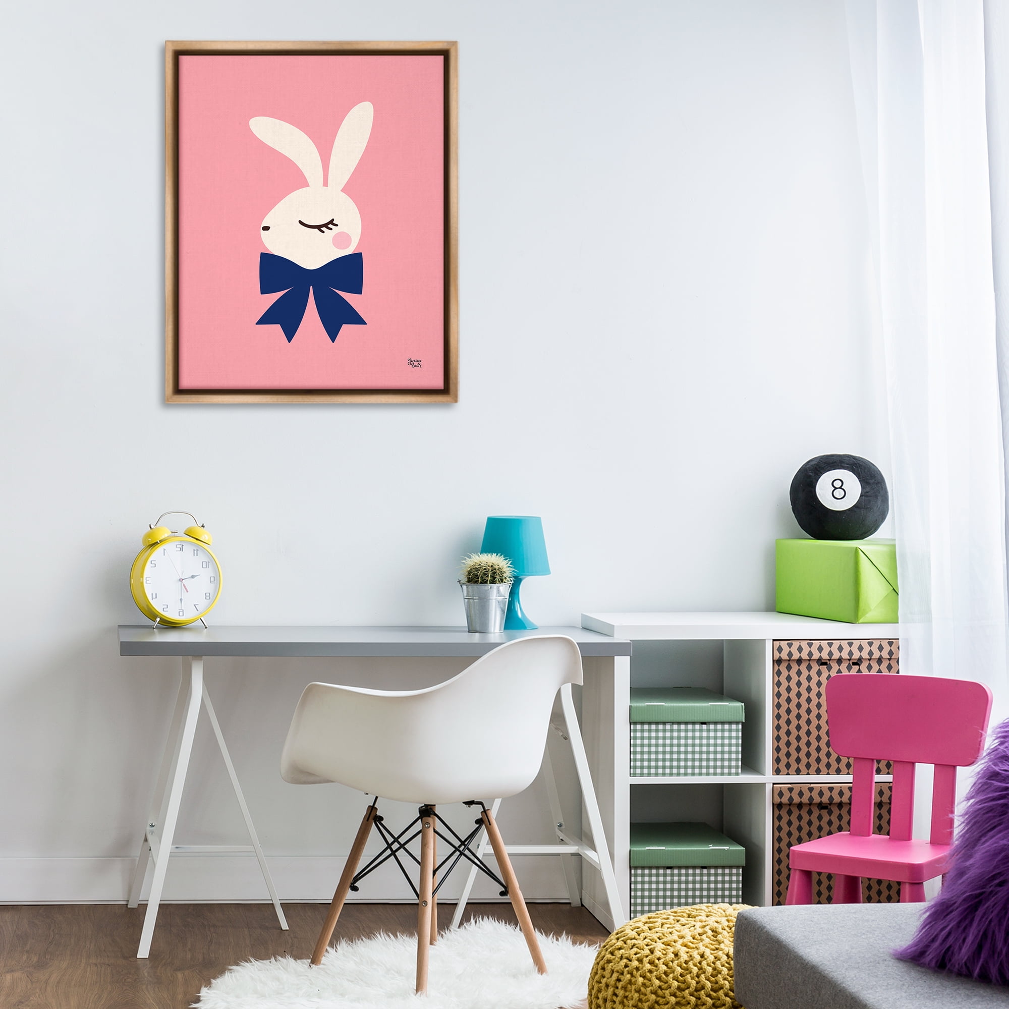 Stupell Industries Rabbit with Ribbon on Pink Animals Painting Brown Floater Framed Canvas Art Print Wall Art, 25 x 31