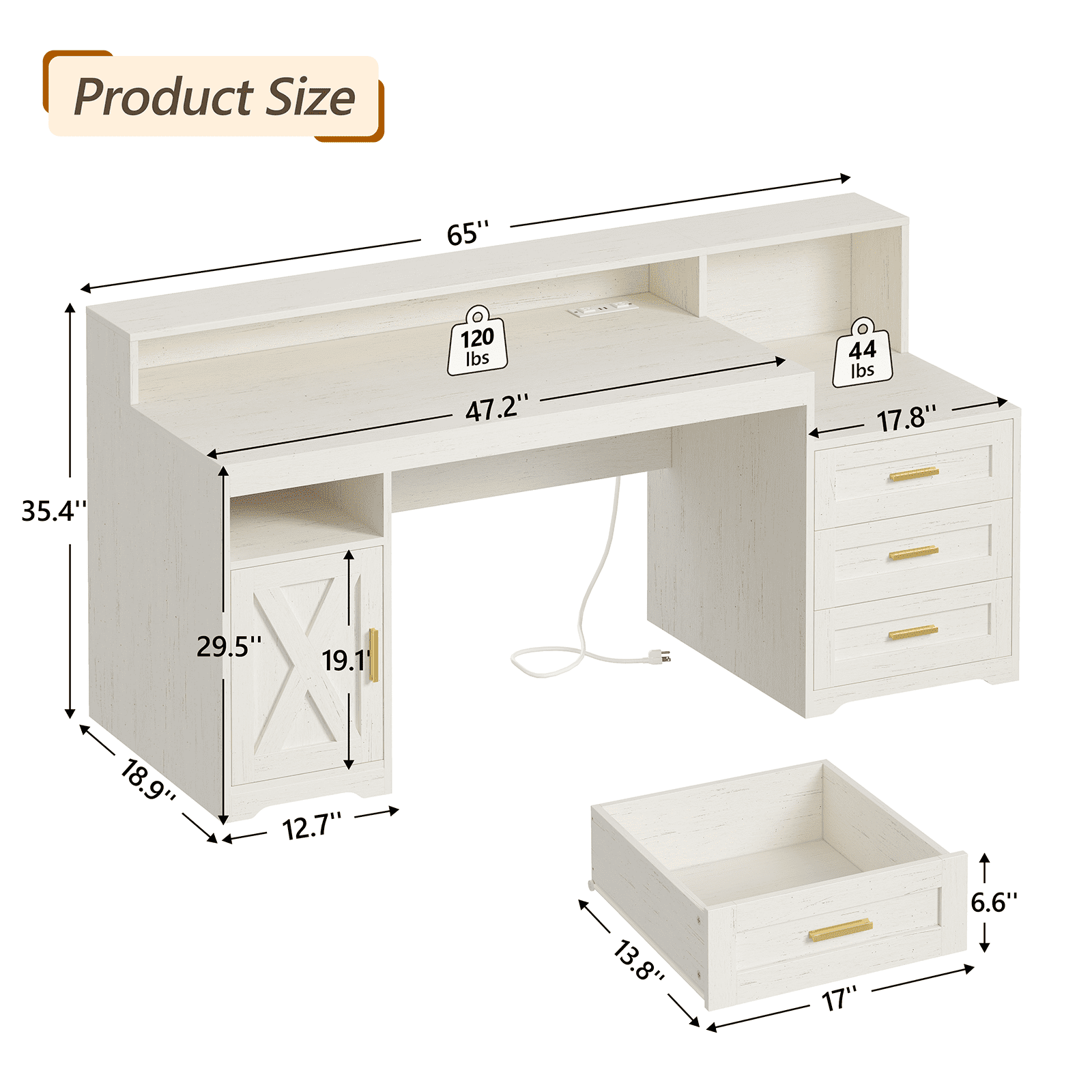 Farmhouse Computer Desk with Drawers, 65'' Home Office Desk with Power Outlets, Storage Cabinet and Printer Stand, Study Writing Desks with Long Monitor Stand, White