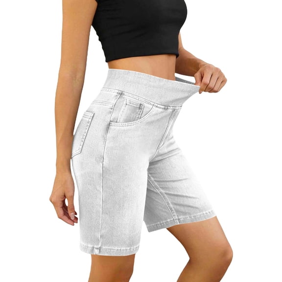 Besolor Plus Size Jean Shorts for Women Elastic High Waisted Wide Leg Slim Fitting Casual Denim Shorts with Pockets