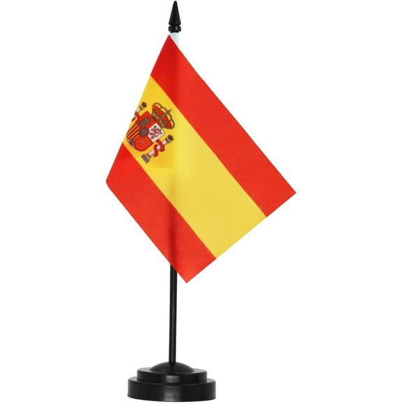 ANLEY Spain Deluxe Desk Flag Set - 6 x 4 Inch Miniature Spanish Desktop Flag with 12" Solid Pole