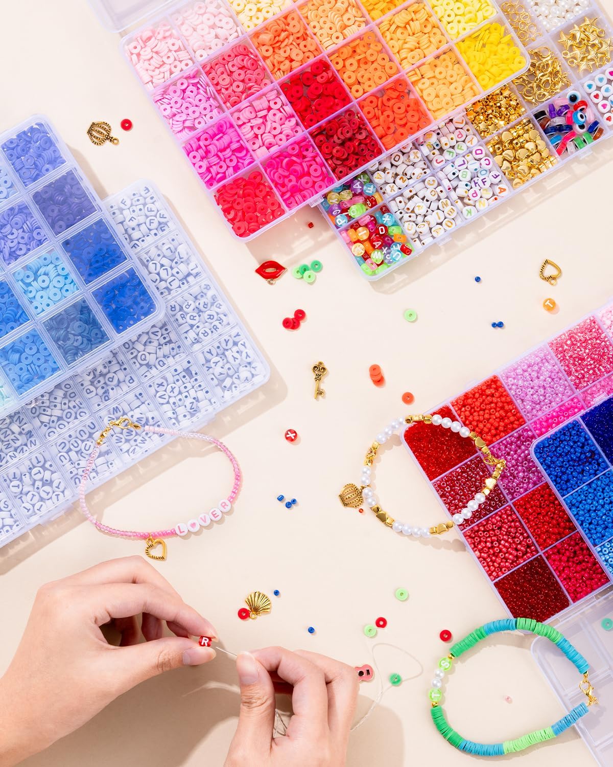 Friendship Bracelet Kit 6 Boxes, Bracelet Making Kits with 48 Colors Clay Beads, 48 Colors Glass Seed Beads and 4 Styles Letter Beads (A-Z) with Charms for Bracelet Making Gift