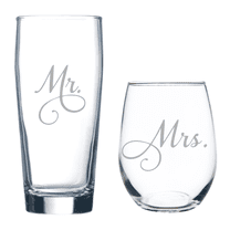 Mr. and Mrs. Etched Beer Glass and Stemless Wine Glass Combo (set of 2)