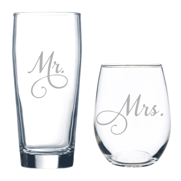 Mr. and Mrs. Etched Beer Glass and Stemless Wine Glass Combo (set of 2)