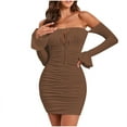 thumbnail image 3 of Jinhomg Womens Bodycon Mini Dress Fashion off Shoulder Ruched Party Dresses Lace Up Long Sleeve Club Dress Evening Night Out Dresses Brown M, 3 of 10