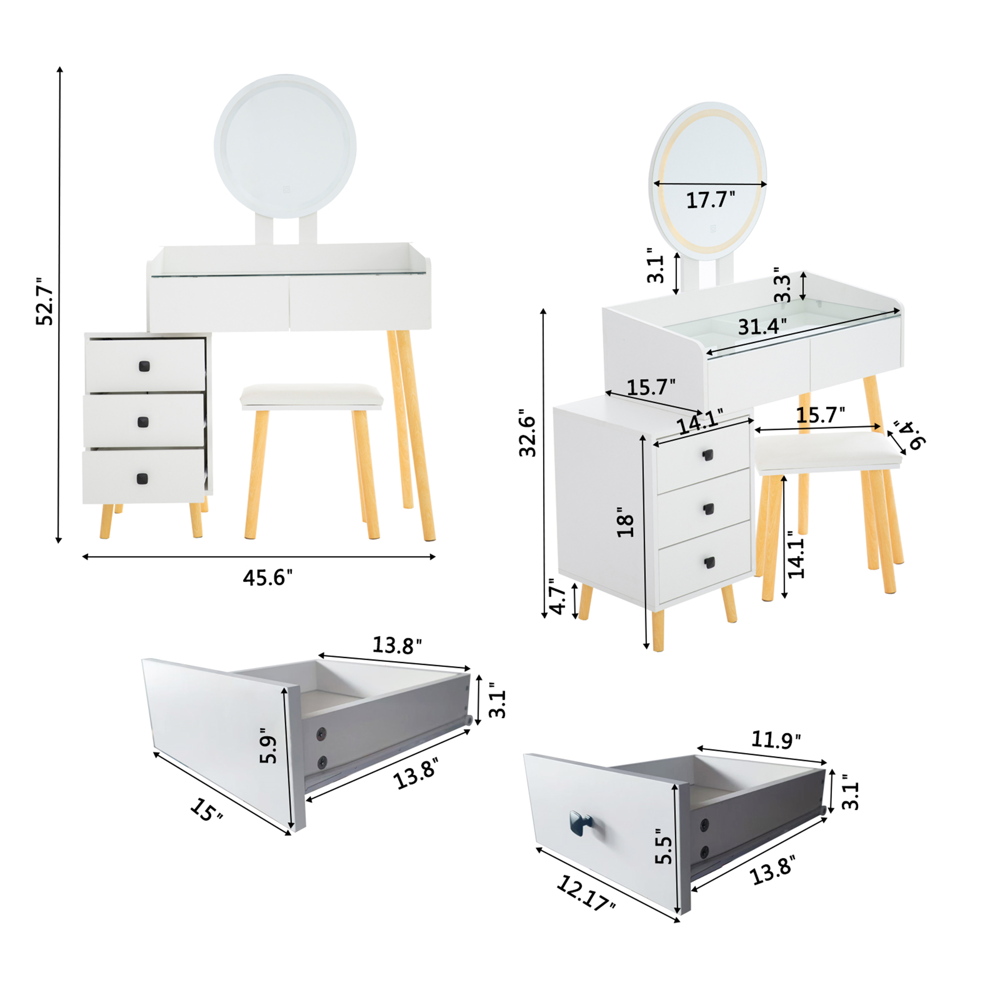Vastcury Makeup Vanity Desk Set with Round Mirror and LED Light, Modern Vanity with Glass Top and 5 Drawers for Bedroom, White