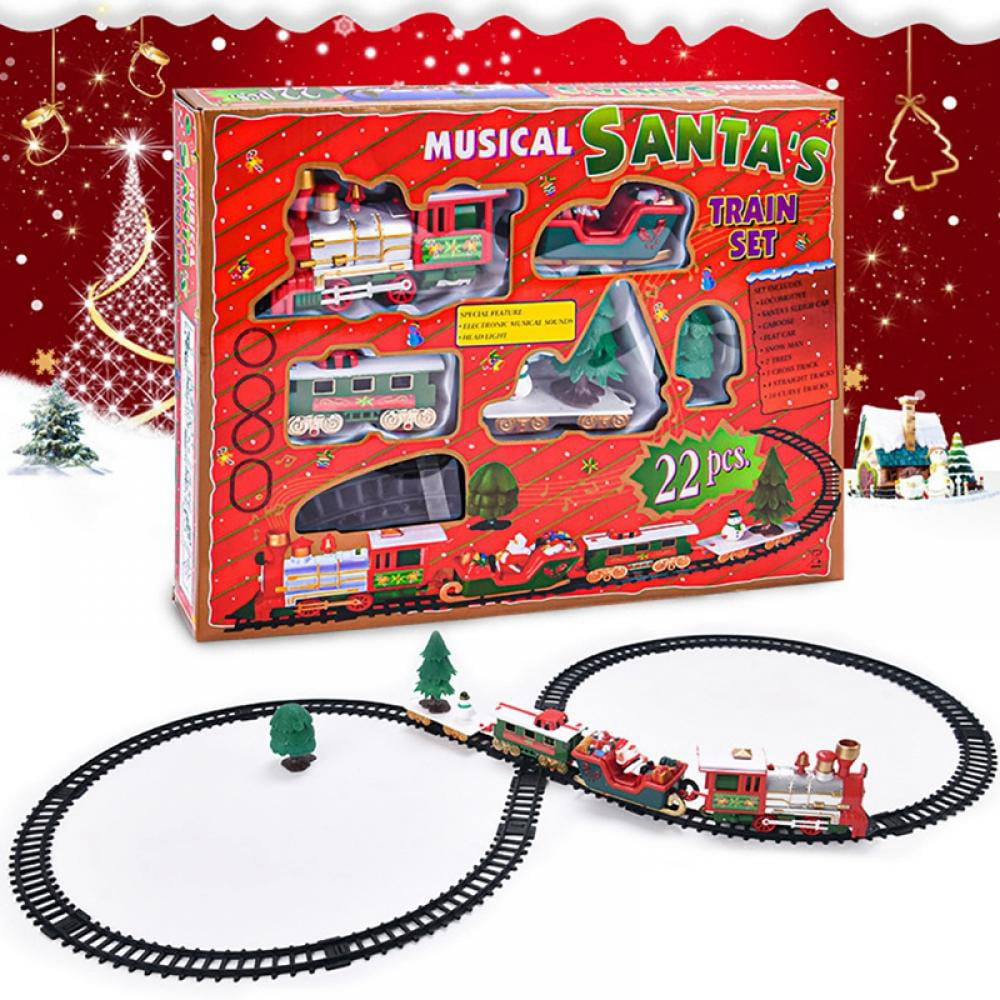 Anyren Toy Train Set with Lights and Sounds Cars and Tracks Playset Box Train Toys with Railway Tracks Around Xmas Trees for Kids 
