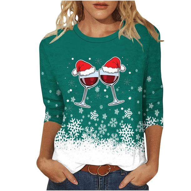 Camisetas de Navidad para Mujeres, 3/4 Manga Cuello Redondo Blusa con Estampado de Vacaciones, Top de Moda Casual