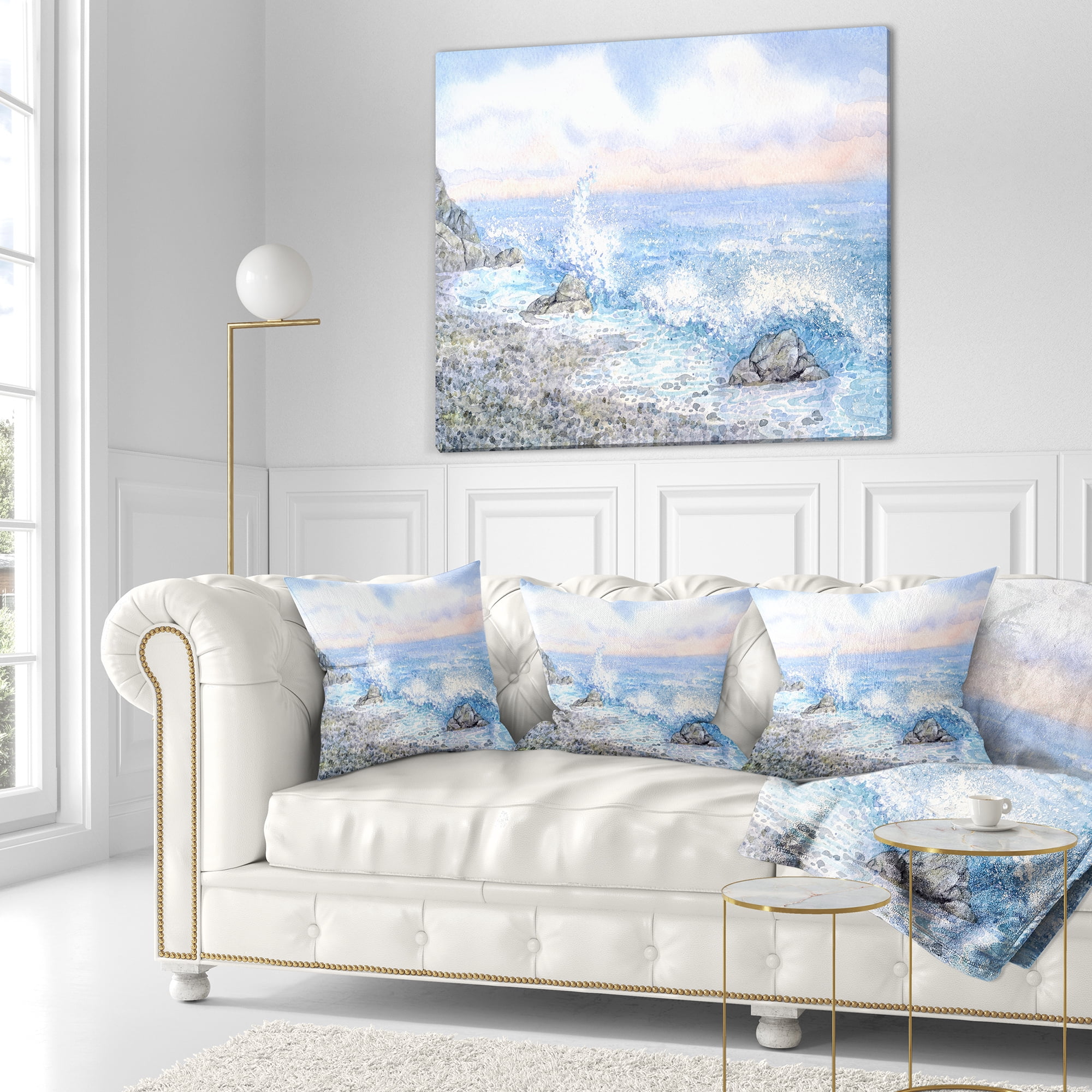 Designart Blue Watercolor Waters - Seascape Throw Pillow - 16x16
