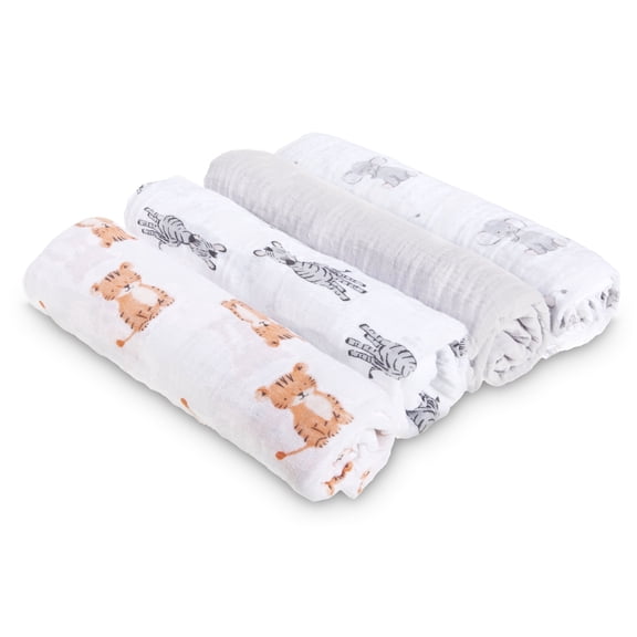 aden   anais Essentials, Cotton Muslin Swaddle Blanket, Safari Babes, Unisex, Infants, 4-Pack