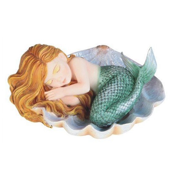 Green Red Head Baby Mermaid in Clam Shell Decorative Figurine