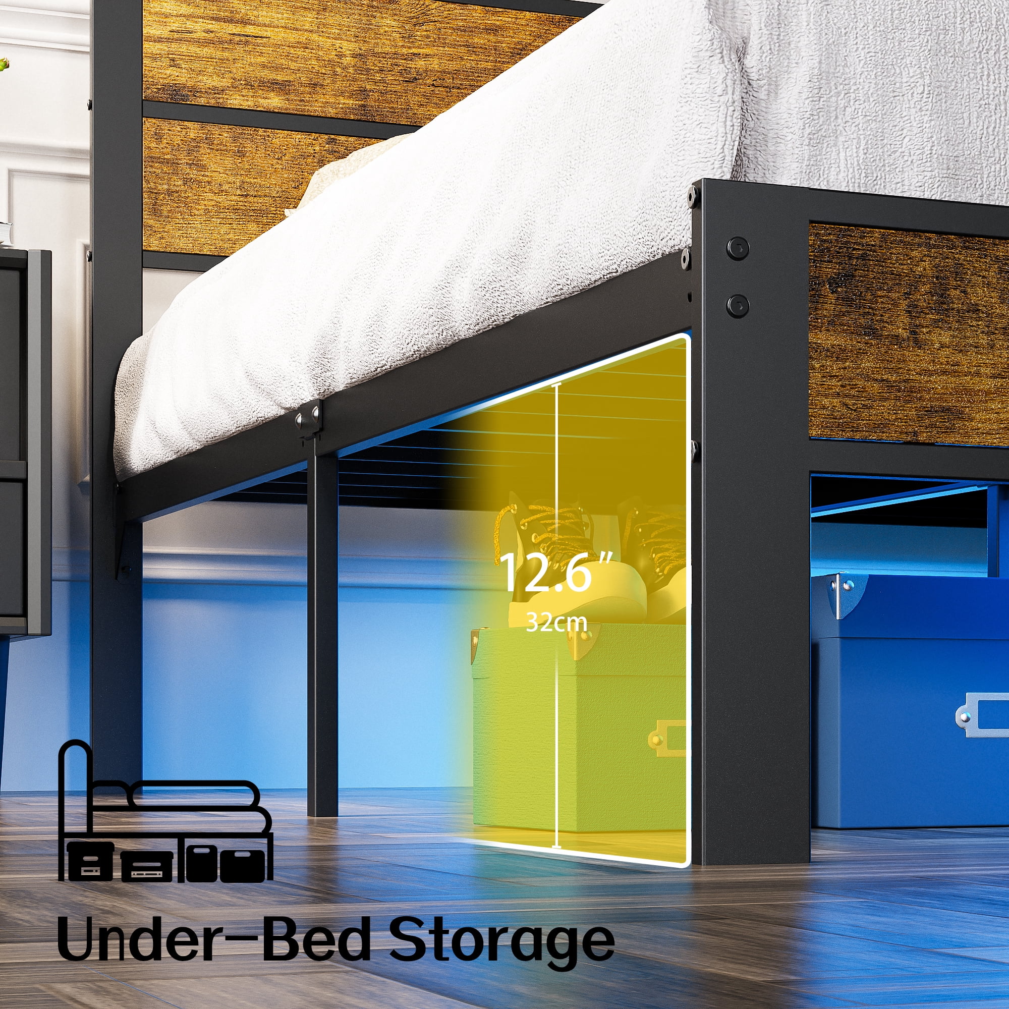 Kbun King Size Bed Frame with Headboard, LED Lights & Charging Station, No Box Spring Needed, Noise-Free, Easy Assembly