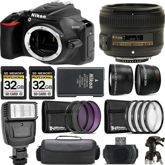 Nikon D3500 DSLR Camera (Body Only)  50mm f/1.8 Lens  Flash- Kit (International Version)