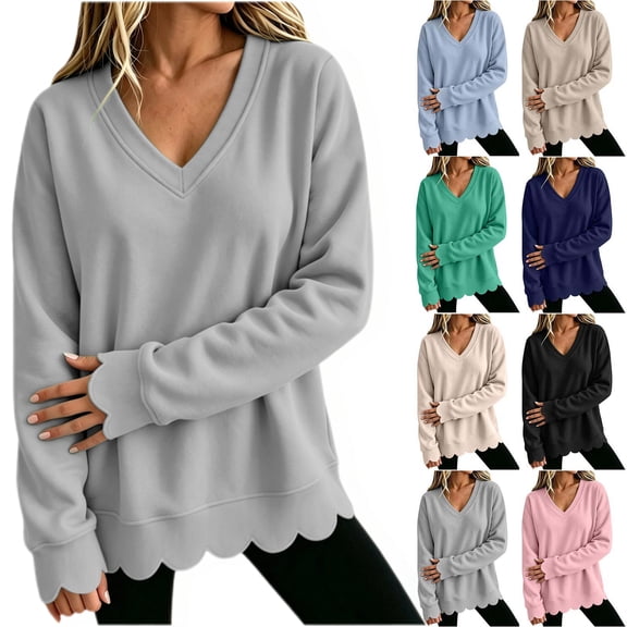 Diufon Scalloped Sweatshirt for Women Oversized Long Sleeve V Neck Thin Fleece Lined Sweatshirts Fall Winter Thermal Pullover