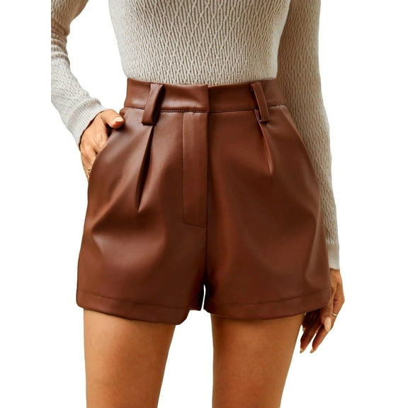 EESK Women's PU Leather High Waisted Pleated Wide Leg Dressy Shorts with Pocket
