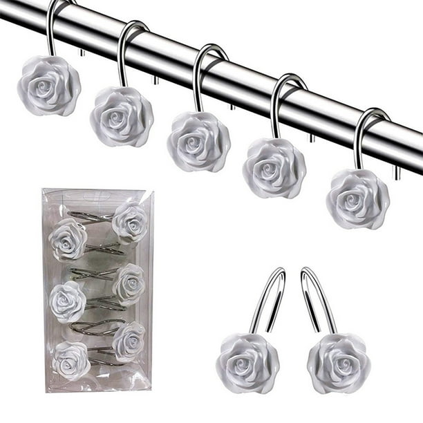 Ganchos para cortina de ducha con rosas | Anillas decorativas de plástico para cortinas de baño y ventana | Elegante diseño de rosas en rosa, rojo, morado y blanco