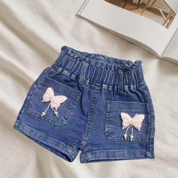 Spazoro Toddler Girls Denim Shorts, with Decor Casual Fashion Elastic Waist Summer Jean Shorts for Kids Blue Size 3-4T