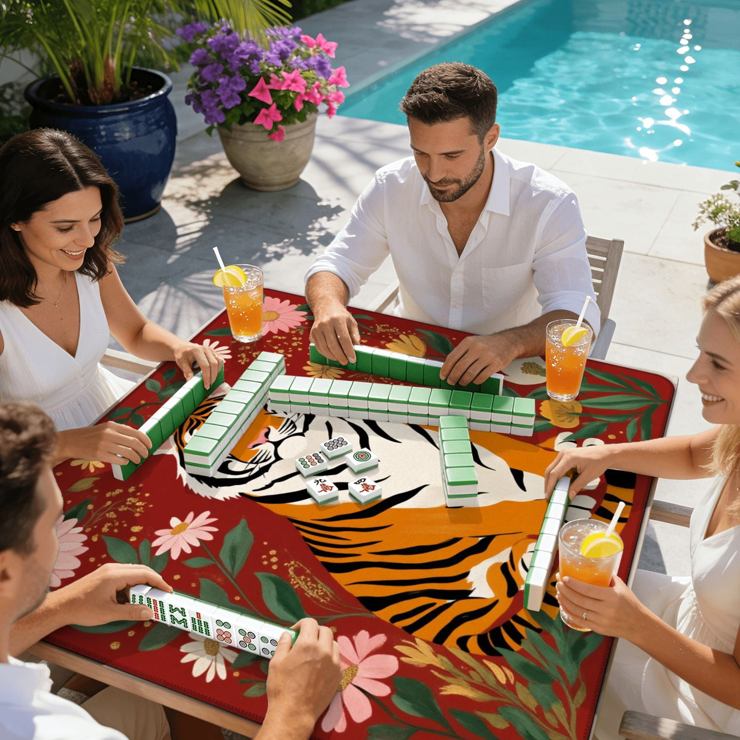 Mahjong Mat 31.5" x 31.5" Majestic Tiger Sitting Among Colorful Flowers Red Illustrated Nature Non-Slip Noise Reduction American Mahjong Tiles Table Cover for Dominoes Poker Card Board Games Gift