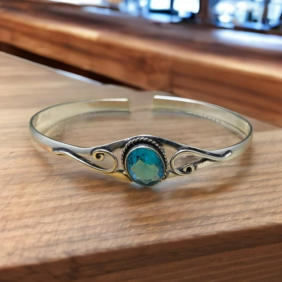 Exquisite 925 Sterling Silver Cuff Bracelet with Genuine Faceted Blue Topaz Gemstones Handmade Perfection