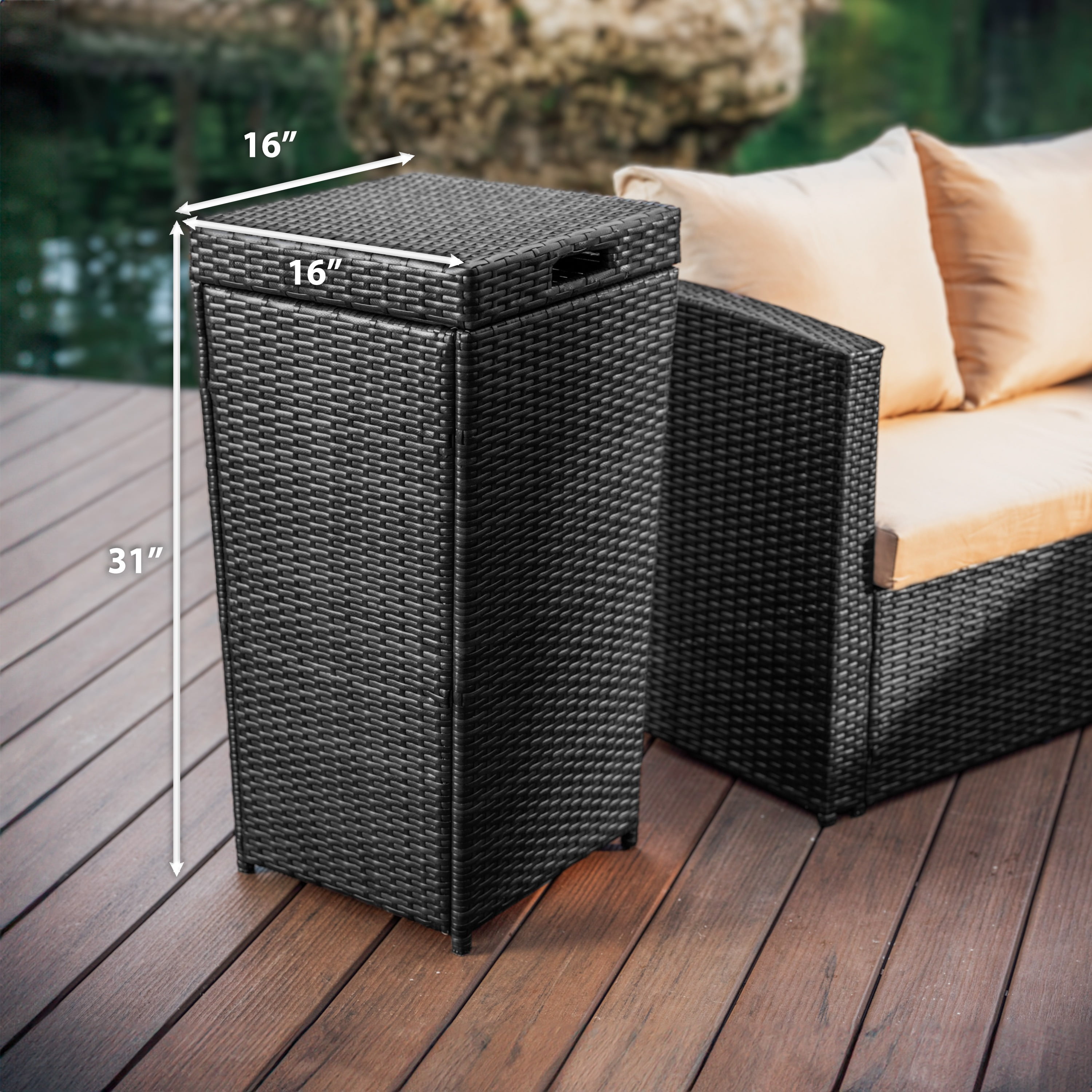 Phoenix 35 Gallon Outdoor Trash Can with Lid, Hideaway Wicker Rattan Garbage Can, Black