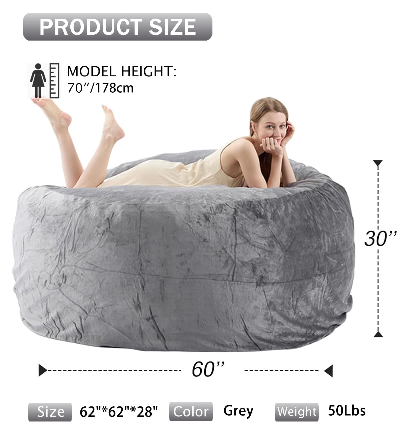 VIREO 6FT Bean Bag Chair for Adults Memory Foam Filler Beanbag Chair with Removable and Washable Flannel Cover,Grey