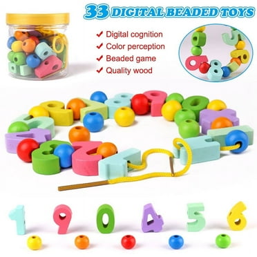 LNKOO Wooden Lacing Beads Toy for Kids, Fine Motor Skill Toys Montessori Educational Stringing Toy for Preschool Children Counting Sorting for 2 Year Old Girl Birthday Christmas Gifts