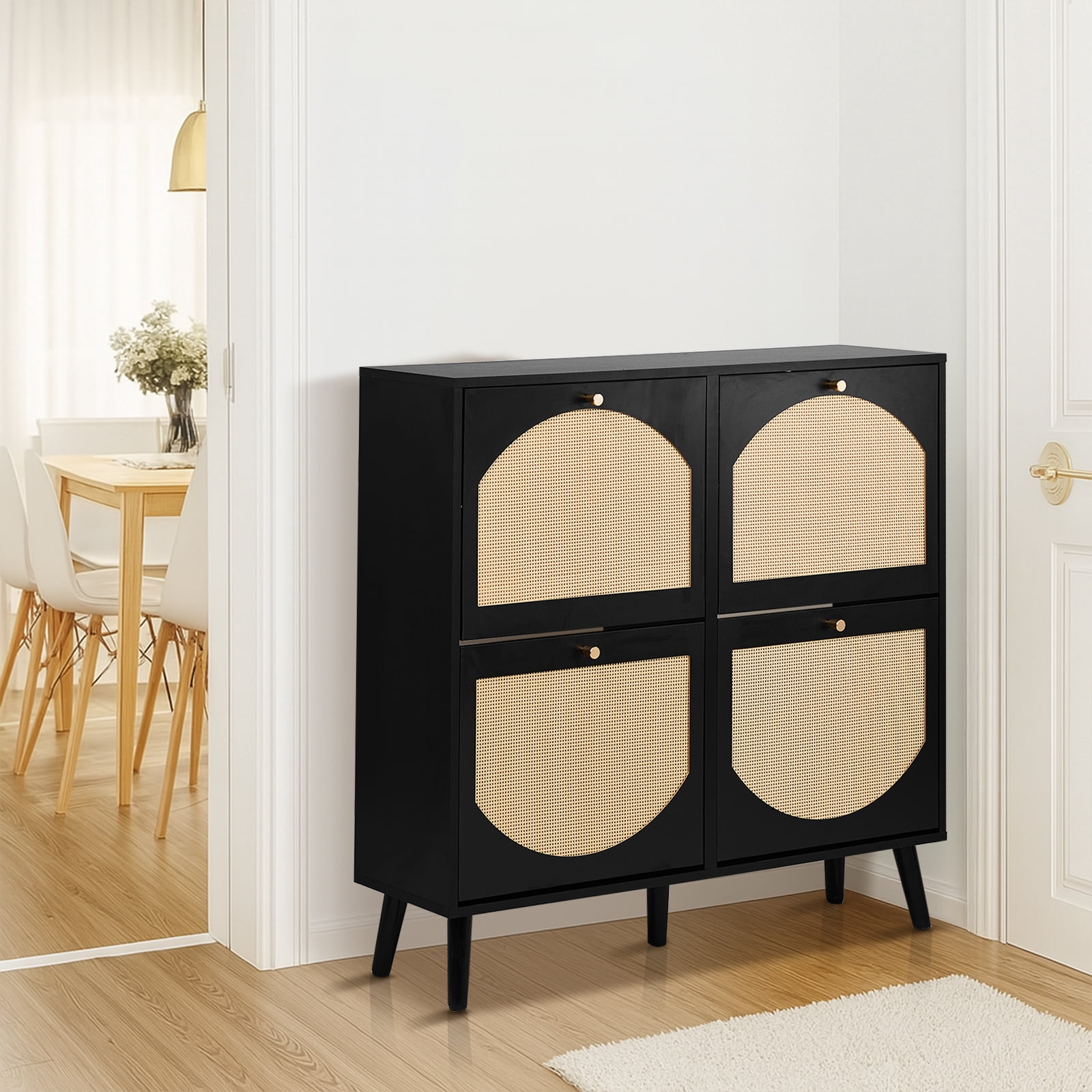 2-Tier Arched Rattan Flip-Top Shoe Cabinet, Black Frame Wood-Tone Rattan Panels, Space-Saving Storage for Entryway Hallway