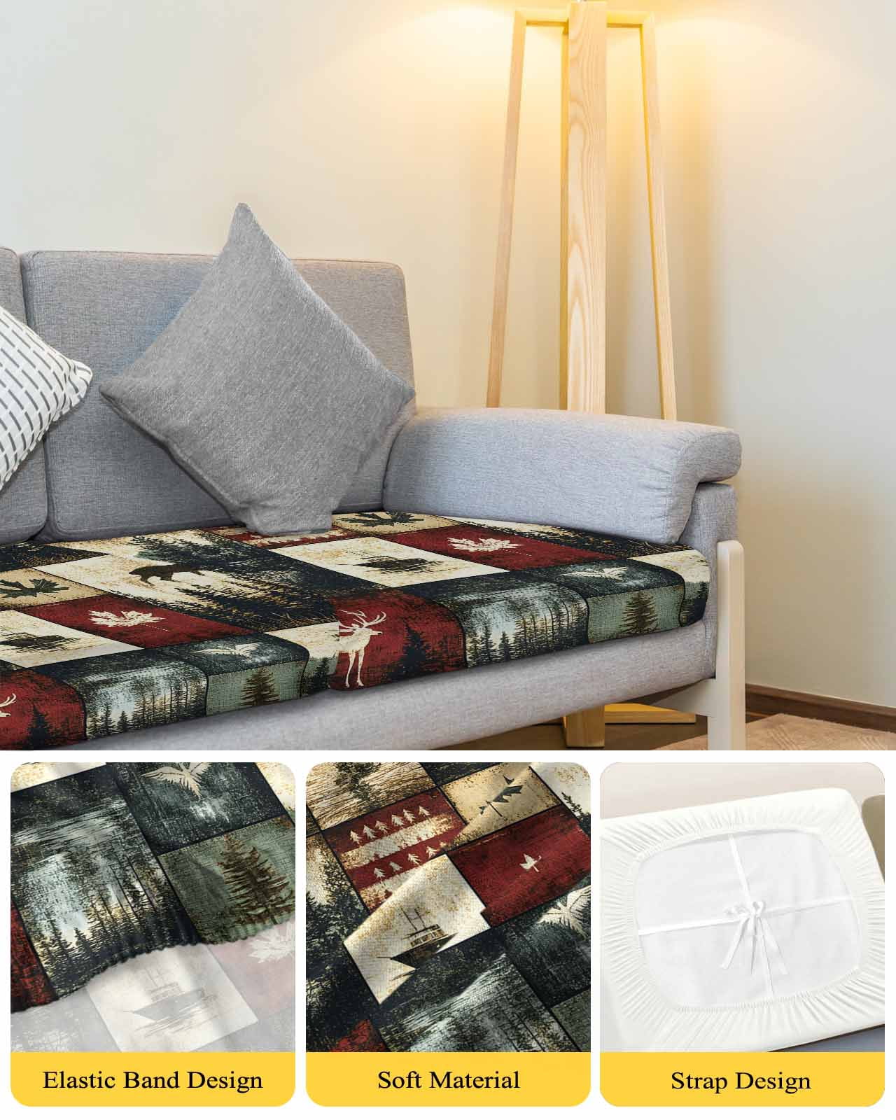 Rustic Forest Couch Cushion Covers Stretch, Washable Sofa Seat Covers Individual Seat Cushion Sofa Slipcovers Reindeer Pine Tree Nautical Boat Retro Couch Cover Furniture Protector S-1PCS
