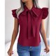 thumbnail image 2 of Blusas de gasa con cuello de pajarita de verano para mujer, blusas de moda elegantes de Color puro que adelgazan con cordones, camisas de manga con volantes para mujer, rojo vino S, 2 of 8