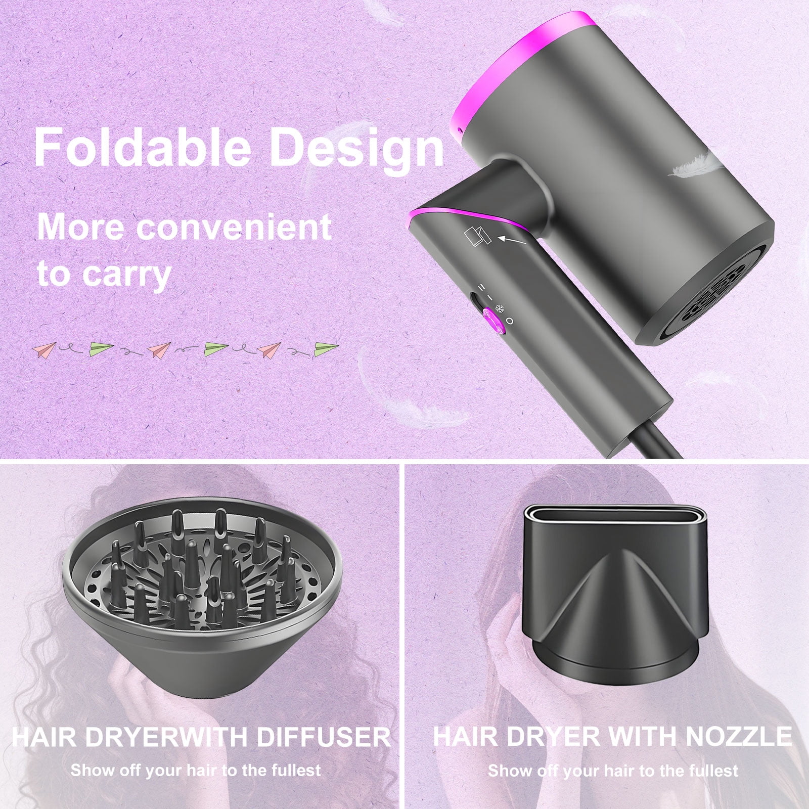 Hair Dryer with Diffuser, 1800W Professional Ionic Blow Dryer, Fast-Drying Hair Dryer with Foldable Handle, Nozzle for Home, Salon, Travel, Light Gray
