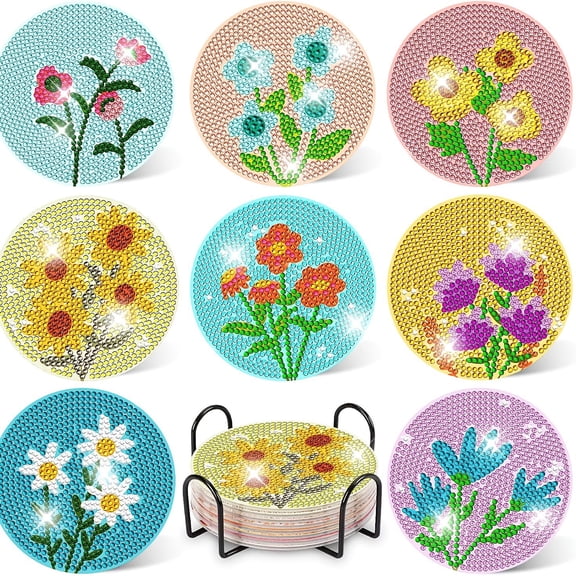 YIFEI Small Flower Diamond Art Coasters Kit with Holder 8 Pcs Cute Floral Diamond Painting Coasters DIY Craft Kit for Adults Beginners Gift