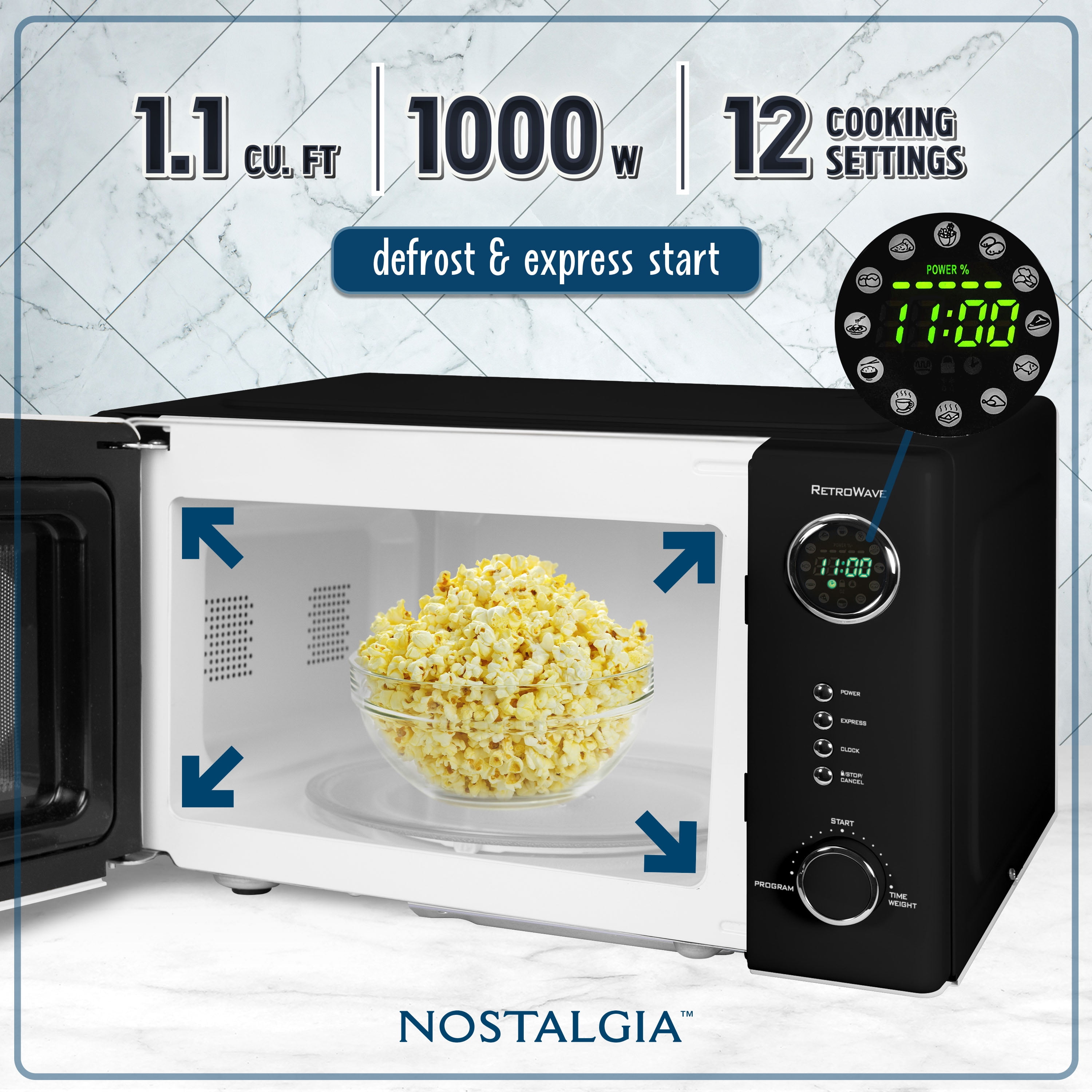 Nostalgia 1.1 cu ft Retro Microwave Oven, 1000W Countertop Microwave Oven with Digital Clock, Black